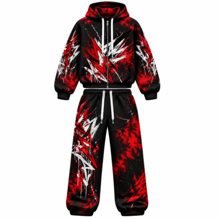 Black & Red Graphic Oversized Zip Up Hoodie Sweat Suit for Streetwear & Casual Wear