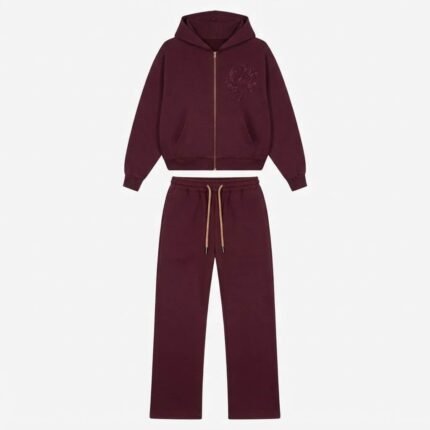 Burgundy Zip-Up Hoodie & Wide Leg Tracksuit Set for Streetwear, Casual & Lifestyle Wear