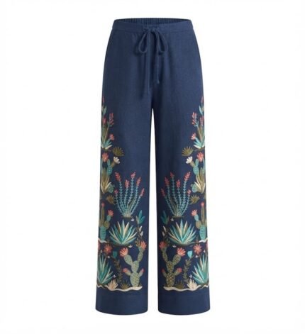 Custom Embroidered Wide-Leg Trousers | Navy Floral Embroidery Pants