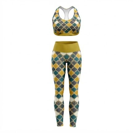 Custom Green & Gold Printed Sports Bra With Leggings Set