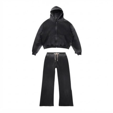 Black Acid Wash Oversized Zip-Up Hoodie Tracksuit for Streetwear & Casual Wear