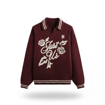 Custom Striped Polo Knit Sweater – Floral Graphic Embroidered Pullover