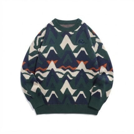 Custom Mountain Pattern Knit Sweater – Jacquard Crewneck Pullover