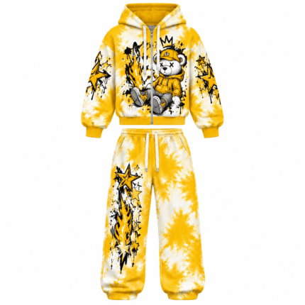 Yellow Graphic Tie Dye Zip-Up Hoodie Sweat Suit for Streetwear & Casual Wear
