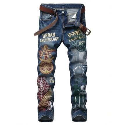 Custom Vintage Graphic Print Straight-Fit Denim Jeans with Belt